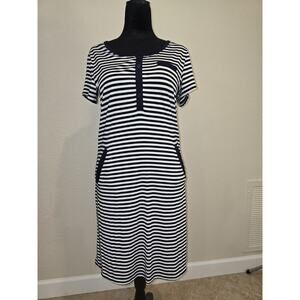 Ekouaer M Navy White Striped T Shirt Dress Henley Short Sleeve Inset Pockets